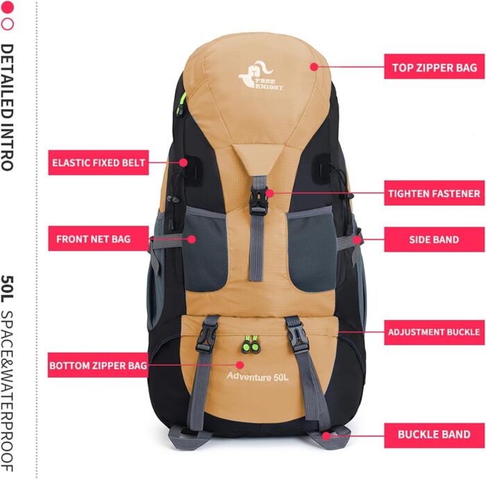 Bseash 50L Hiking Backpack, Water Resistant Lightweight Outdoor Sport Daypack Travel Bag for Camping Climbing Skiing Cycling (Gold - With Shoe Compartment) - Image 6