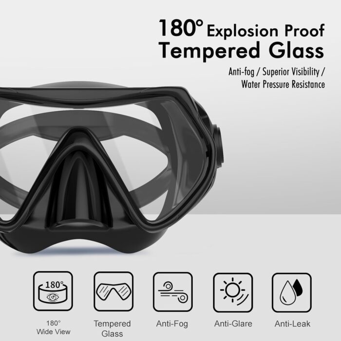 Snorkeling Gear for Adults, JRing Snorkel Mask Set with 180 Degree Tempered Glass Anti Fog Goggles Scuba Dry Top Snorkel for Swimming, Scuba Diving Mask for Men Women - Image 2