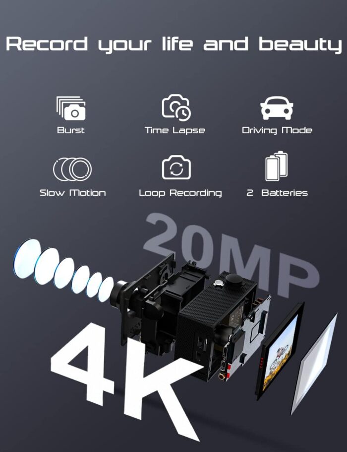 Apexcam Action Camera 4K Sports Cameras 20MP 40M 170°Wide-Angle WiFi Waterproof Underwater Camera with 2.4G Remote Control 2 Batteries 2.0'' LCD Ultra HD Camera with Mounting Accessories Kit - Image 2