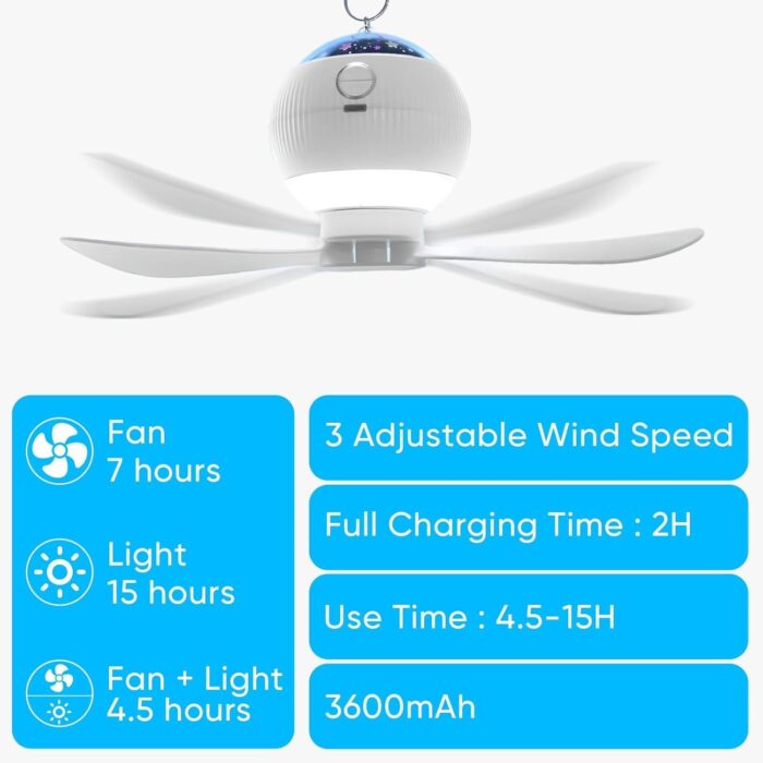 Ceiling Fans with Lights & Starry Projection, LED Hanging Camping Fan with Remote & Timer, 3600mAh Rechargeable Battery Portable Tent Fan for Car RV Survival Kit Camping Essentials(Fit 1-2 Person) - Image 5