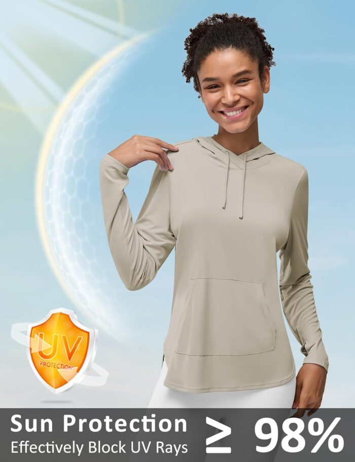 Women's Rash Guard Long Sleeve UV Sun Protection Shirts with Kangaroo Pocket Hoodie UPF 50+ Lightweight SPF Tops for Hiking - Image 3