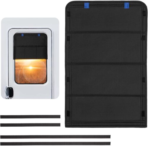 RV Door Window Shade, New Model Foldable RV Blackout Window Cover, UV Rays Protection Camper Trailer Door Window Cover, Hook and Loop Fastener Waterproof Thickened Oxford Fabric (Black-B)