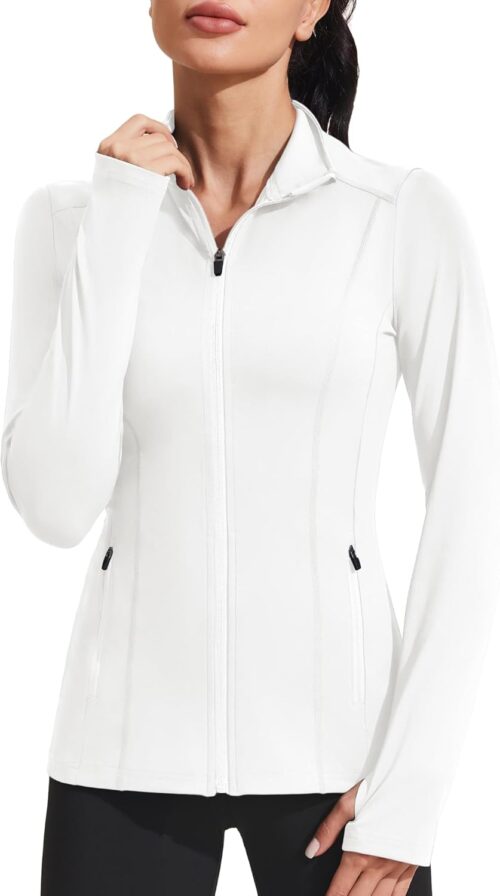 PINSPARK Women's Athletic Jackets Slim Fit Workout Jacket Full Zip Up Running Gym Yoga Sports Tops with Pockets