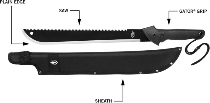 Gerber Gear Gator Machete 25" with Plain Edge Blade and Saw, Gator Grip and Protective Sheath for Gardening, Survival, Hunting, Camping and Bushcraft, Black - Image 2