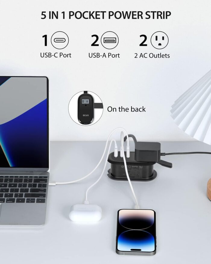 BEVA Travel Power Strip with USB C Ports, 4FT Extension Cord, 2 Outlets, 3 USB Ports, Cruise Ship Essentials (3.4A Charge, Black) - Image 2
