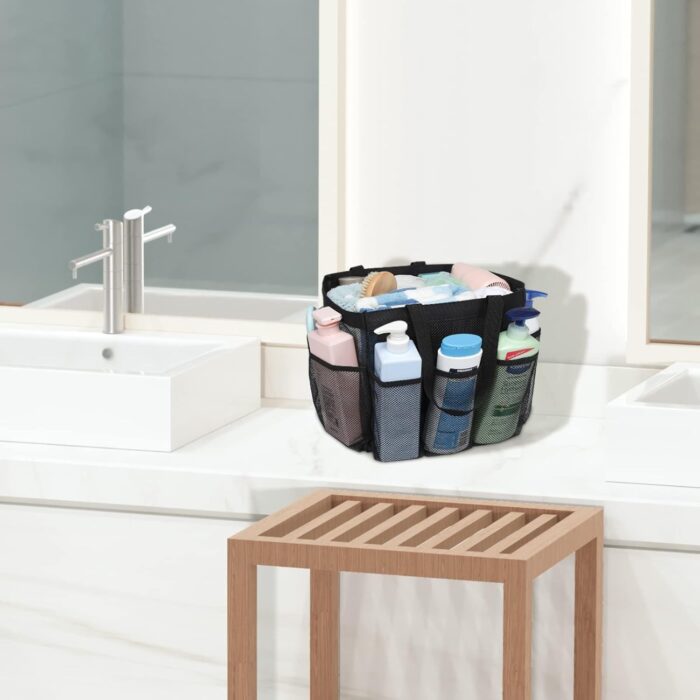 F-color Mesh Shower Caddy Portable, 8.3" Deeper Pockets Large Shower Caddy Bathroom Caddy for College Dorm Room Bathroom Essentials, 2 Handles Shower Bag Tote for Gym Rv, Camp with S Hook, Black - Image 8