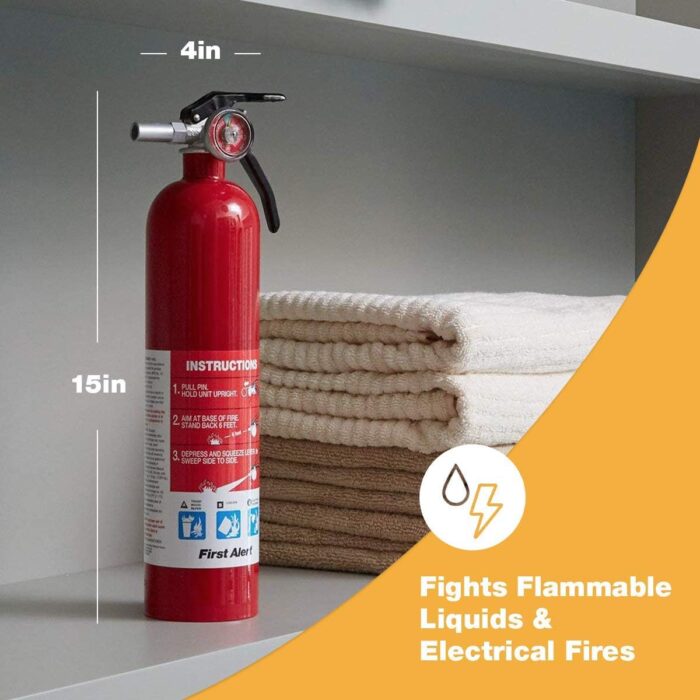 First Alert Fire Extinguisher for Home, Standard Rechargeable Compliance Unit, UL RATED 1-A:10-B:C, HOME1, Red, 1-Pack - Image 6
