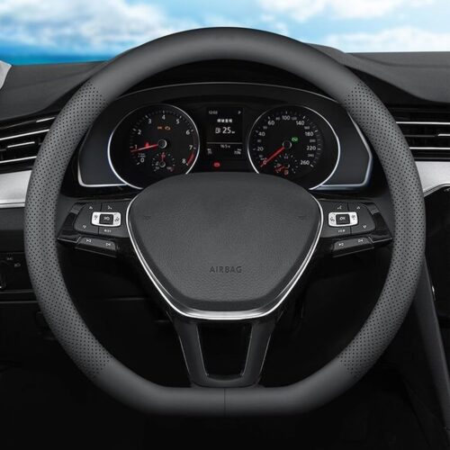 XHRING D-Shaped Car Steering Wheel Cover for Volkswagen VW Atlas Tiguan ID.4 Taos Passat Golf Jetta Beetle Polo GTI CC Touareg SE SEL R-line S Cross Sport Accessories, 2025 Leather Black