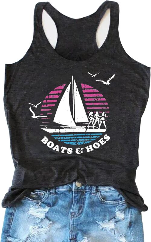 Boats and Hoes Tank Tops Women Funny Sailboat Graphic Sleeveless T-Shirt Casual Letter Print Vacation Vest Tees