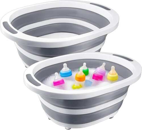 2 Pack Collapsible Wash Basin for Baby Bottles, 2 Gal Portable Sink Basin Cutting Board for RV Home Kitchen, Foldable Dish Pan Ice Beverage Tubs Cleaning Supplies for Outdoor Camping Veggies Washing