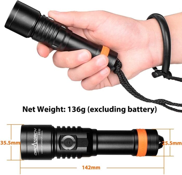 ORCATORCH D530 Scuba Dive Light, 1300 Lumens, 8 Degrees Narrow Beam Angle, Titanium Alloy Side Button Switch, 2 Lighting Modes, with Battery Indicator, for Underwater 150 Meters Diving - Image 4