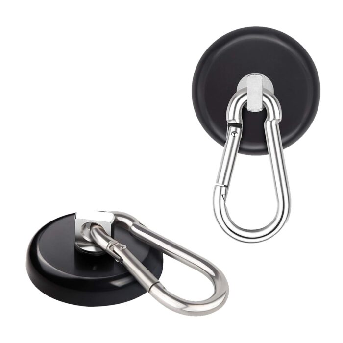 Ant Mag Heavy Duty Neodymium Magnet Hooks with Swiveling Carabiner - 140LBS Capacity, Indoor/Outdoor Hanging, Black (2 Pack)