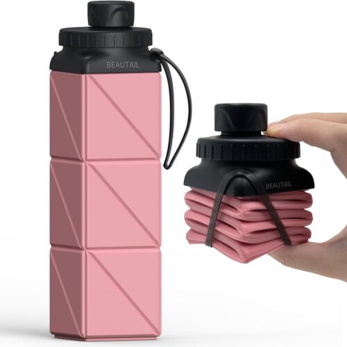 Collapsible Water Bottles 20.6oz, Silicone Foldable Portable Travel Water Bottle, Folding Lightweight Reusable Leakproof for Traveling Camping Hiking Cycling Yoga Sports Outdoor