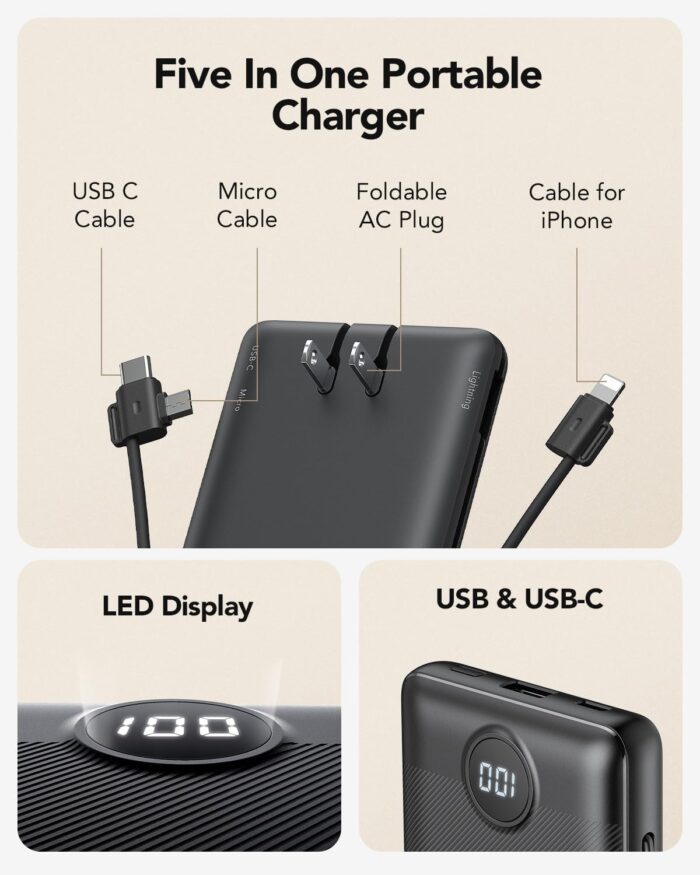 VRURC Portable Charger Built-in Cables and AC Wall Plug, USB C Power Bank 10000mAh, Travel Essentials Phone Charger Compact Lightweight External Battery Pack for Smart Phones, Tablets-Pure Black - Image 2