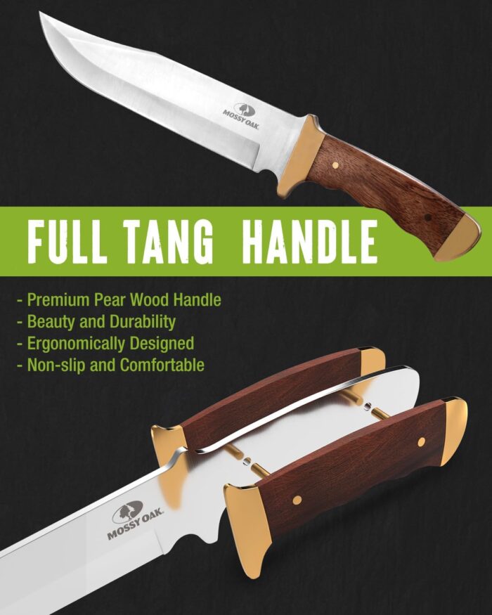 Mossy Oak 14-inch Bowie Knife, Full-tang Fixed Blade, Wood Handle Hunting Knife with Leather Sheath for Camping, Hiking, Survival - Image 5
