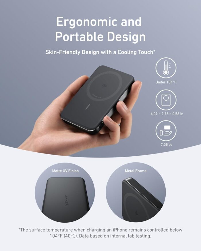 Anker MagGo Power Bank, Ultra Slim 10000mAh Magnetic Battery Pack, Qi2 Certified, Portable, 15W Ultra Fast MagSafe Compatible Charger, Ergonomic Design, Only for iPhone 15/14/13/12 - Image 4