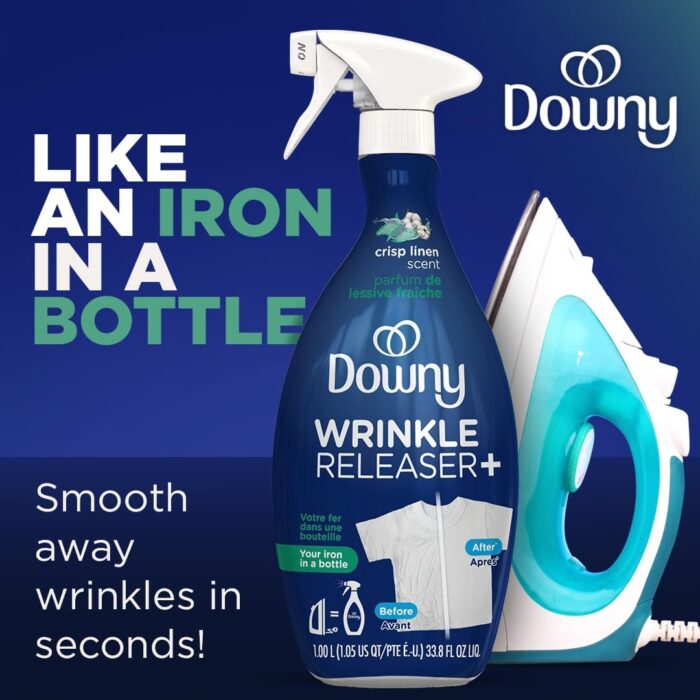 Downy Wrinkle Release Spray, Travel Size Spray, All In One Formula, Removes Wrinkles, Static and Odor Eliminator, Crisp Linen Scent, 3 Fl Oz, Pack of 3 - Image 2