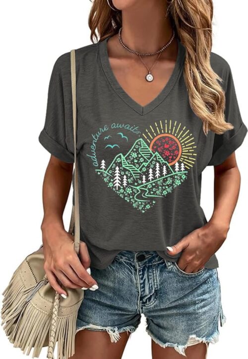 Graphic V Neck Shirt for Women Boho Floral Wildflowers Tee Casual Cottagecore Summer T-Shirt Blouse