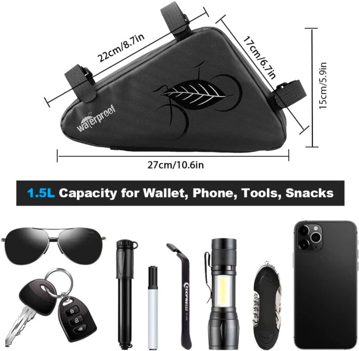 NDakter Bike Bicycle Frame Storage Bag, 2L Waterproof Bicycles Triangle Pouch, Cycling Pack for Phone, Wallet, Keys, Tools, Accessories, Bikes Front Tube Bag for Mountain Road Bike, MTB - Image 2