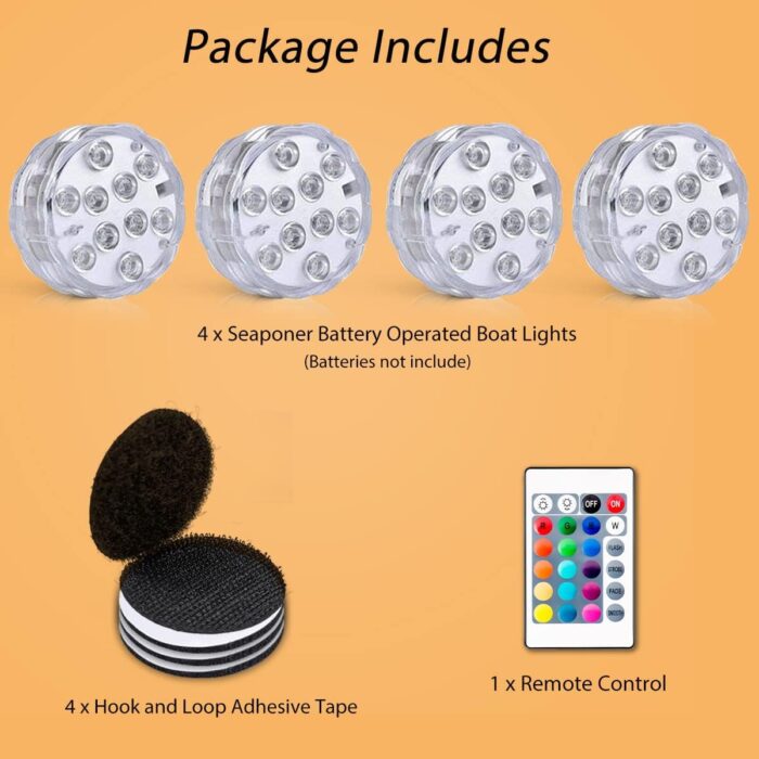 Boat Lights Wireless Battery Operated, Waterproof Marine Led Light for Deck Courtesy Interior Lights, Fishing Kayak Duck Jon Bass Boat, RGB Multi Color Remote Controlled, 4pcs - Image 2