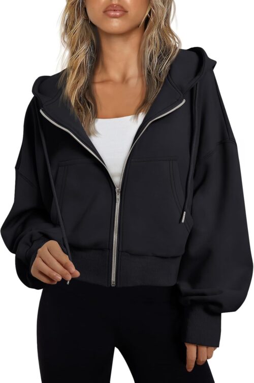 Trendy Queen Hoodies for Women Full Zip Up Cropped Sweatshirts Jackets Casual Comfy Gym Tops Fall Outfits Winter Clothes 2025