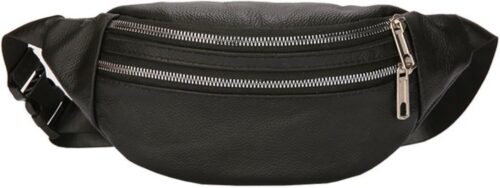leather Fanny pack, Outdoor travel waist Pack Cowhide Leather Large Size 2 Pockets waist bag.Suitable for outdoor mountaineering, travel, camping, cycling, running, etc.（black-F）