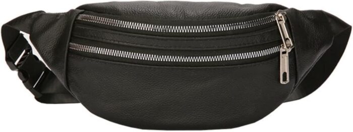 leather Fanny pack, Outdoor travel waist Pack Cowhide Leather Large Size 2 Pockets waist bag.Suitable for outdoor mountaineering, travel, camping, cycling, running, etc.（black-F）