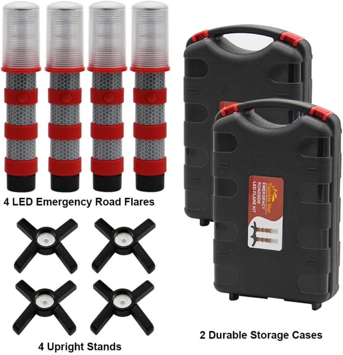 Twinkle Star Emergency Roadside Flares Kit LED Safety Strobe Road Warning Light Highway Beacon Alert Flare with Magnetic Base, Detachable Stand, Solid Storage Case (Set of 4) - Image 2