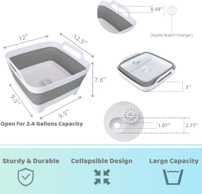 Collapsible Wash Basin for Baby Bottles - 2.4 Gallons Portable Wash Bin for RV Camping Sink, Space-Saving Dish Tub (Gray) - Image 2