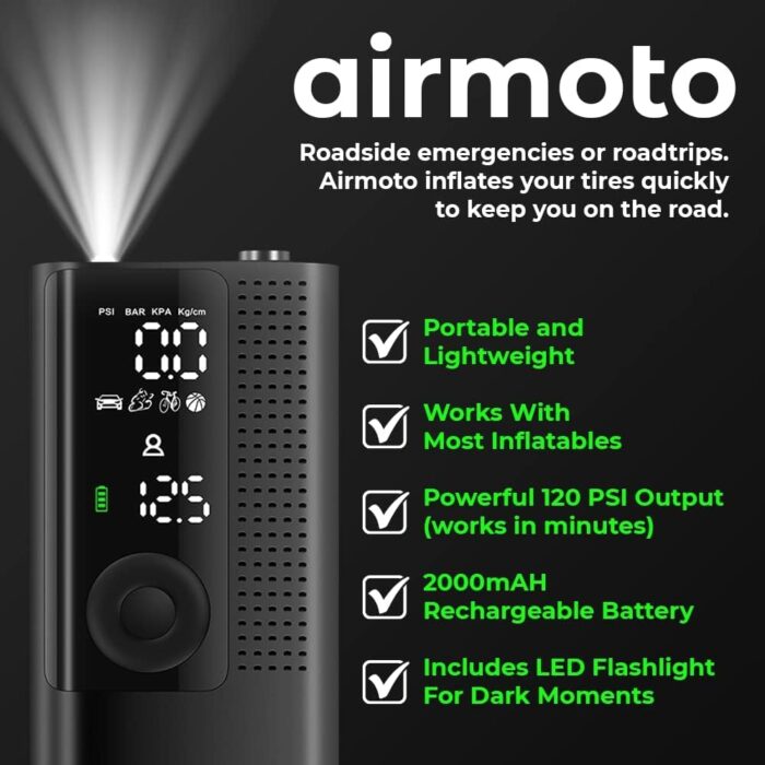 Airmoto Tire Inflator Portable Air Compressor - Air Pump For Car Tires with Digital Pressure Gauge, LED Light and Auto Shut-Off Function - Cordless Pump for Car, Motorcycle, Bicycle, Balls and More - Image 6