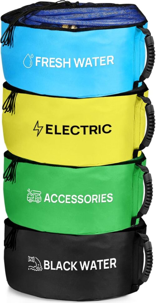 4 Pack Waterproof RV Hose Storage Bags, RV Accessories for Inside, RV Utility Bag for 4 Colors Organization, Store Your Fresh Water Sewer Hoses Electrical Cords & Accessories with Our RV Storage Bag