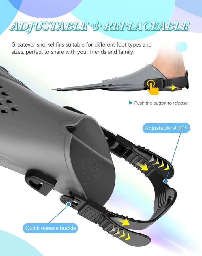 Greatever Snorkel Fins Adjustable Buckles Open Heel Swim Flippers Travel Size Short Swim Fins for Snorkeling Diving Swimming Adult Men Womens - Image 2