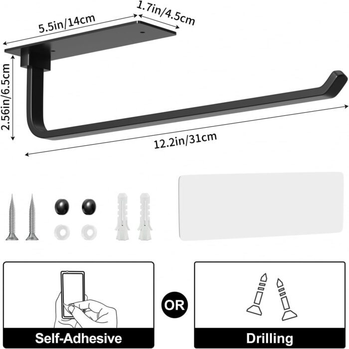 Paper Towel Holder - Self-Adhesive or Drilling, Matte Black, Upgraded Aluminum Kitchen Roll Dispenser Under Cabinet, Lighter but Stronger Than Stainless Steel! - Image 5