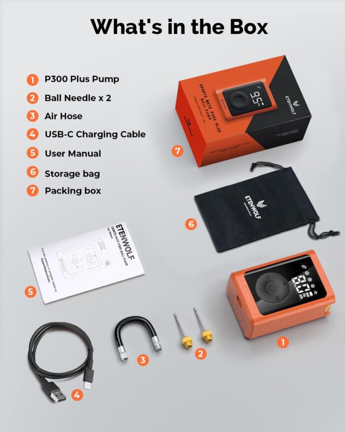 ETENWOLF P300 Plus Ball Pump, Electric Basketball Pump Inflation and Deflation, with 3200 mAh Rechargeable Battery, Air Pump for All Sports Balls - Image 8