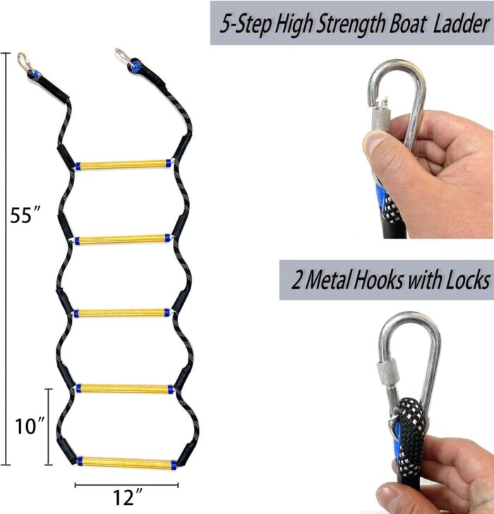 Boat Rope Ladder, 5 Step Heavy Duty 400Lbs Strength Rope Ladder for Inflatable Boat, Fishing Boat, Kayak, Motorboat, Canoeing, Extra Long Portable Marine Boarding Rope Ladder (Black) - Image 2