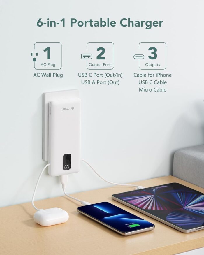 Charmast Portable Charger with Built-in Cables & Wall Plug, 10000mAh Portable Power Bank, External Battery Pack Travel Essentials Compatible with iPhone 16/15/14/13, Samsung, iPad etc - Image 2