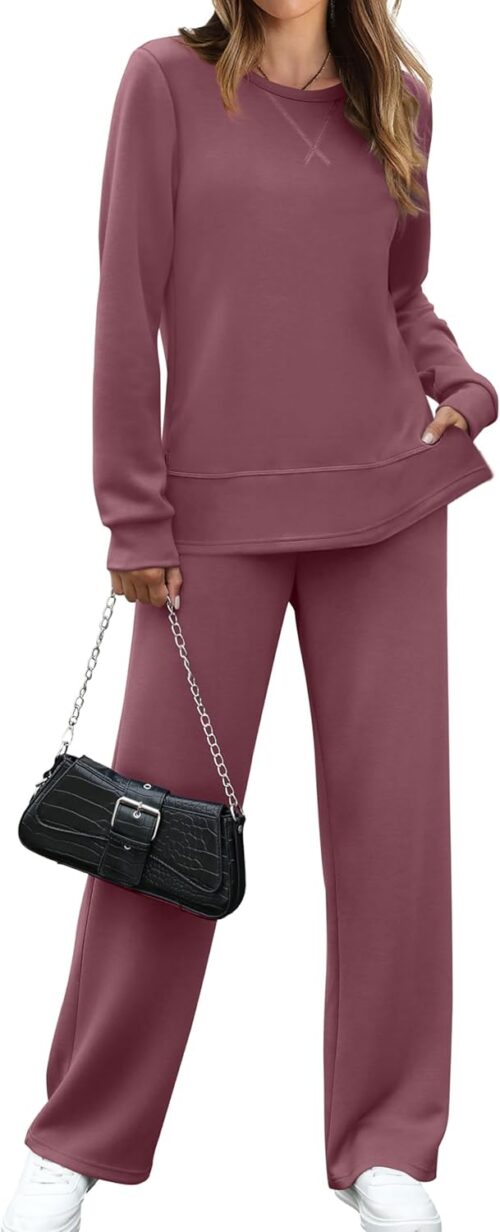 OFEEFAN Women's 2 Piece Lounge Set Travel Airport Outfits Side Slit Tracksuit Wide Leg Loungewear Baggy Comfy Sweatsuit S-3XL
