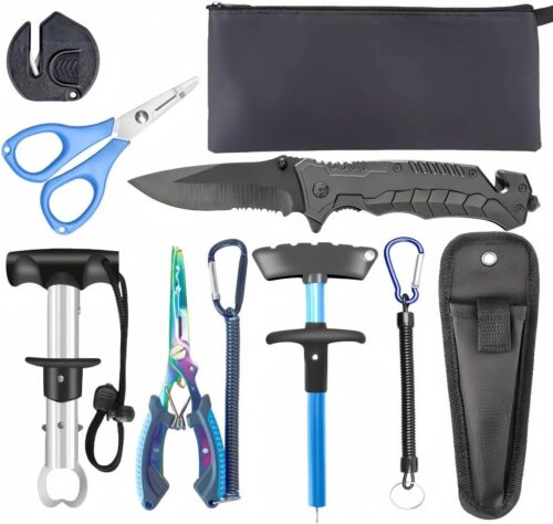 8 Pcs Pocketable Fishing Tool Kit, Foldable Fishing Knife Fishing Pliers Scissors Fish Lip Gripper Hook Remover Sharpener Sheath Lanyard, Aboda Fresh & Saltwater Fishing Tools Fishing Gifts