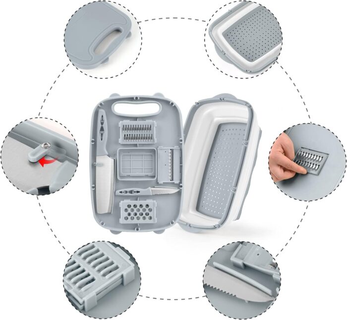 Gintan Camping Cutting Board, 9-in-1 Collapsible Chopping Board with Colander, Kitchen Vegetable Washing Basket for Camping, Camping Gifts Camping Accessories for RV Campers (Gray) - Image 7