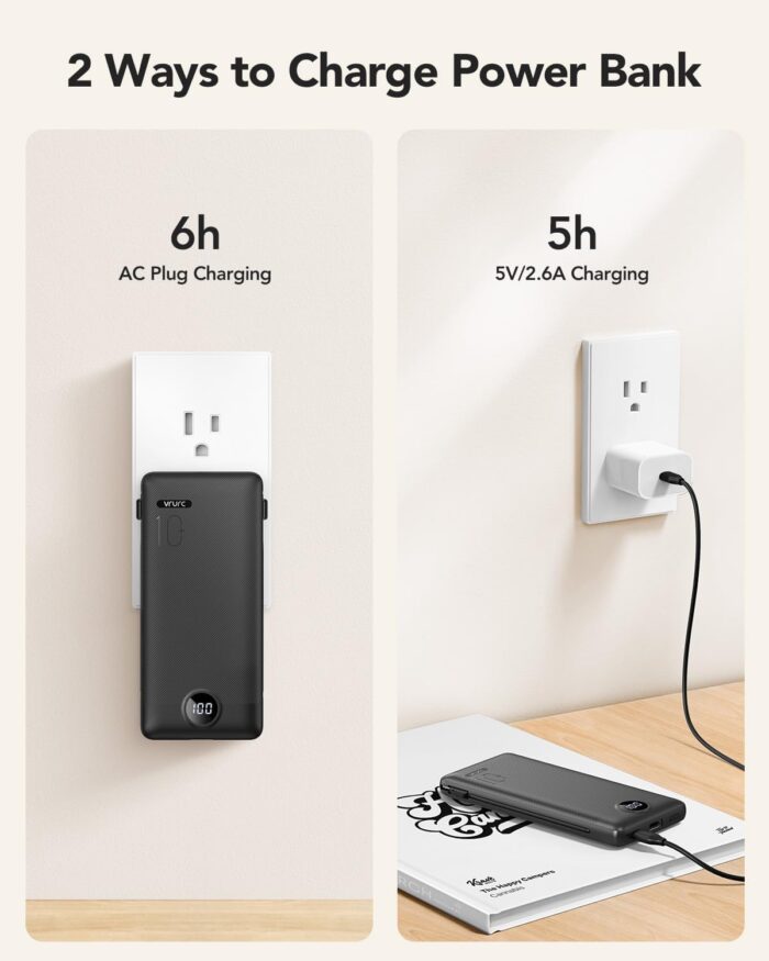 VRURC Portable Charger Built-in Cables and AC Wall Plug, USB C Power Bank 10000mAh, Travel Essentials Phone Charger Compact Lightweight External Battery Pack for Smart Phones, Tablets-Pure Black - Image 4