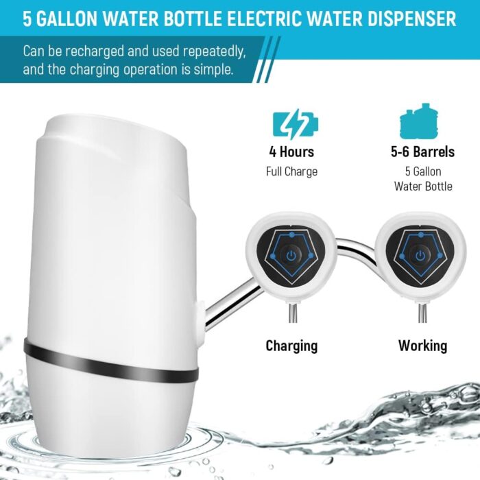 Water Dispenser for 5 Gallon Bottle,Drinking Water Pump Portable Universal USB Charging Water Bottle Pump for 2-5 Gallon with 2 Silicone (White) - Image 5