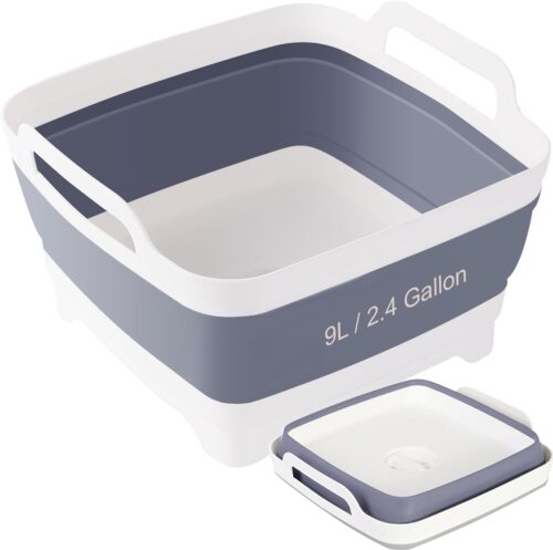 Collapsible Wash Basin with Drain Plug – 2.4 Gallon Portable Sink Tub for Baby Bottles, Dishwashing, RV & Camping | Space Saving Foldable Design | BPA-Free TPR/PP Material (Grey)