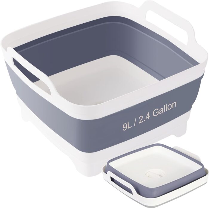 Collapsible Wash Basin with Drain Plug – 2.4 Gallon Portable Sink Tub for Baby Bottles, Dishwashing, RV & Camping | Space Saving Foldable Design | BPA-Free TPR/PP Material (Grey)