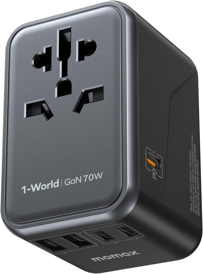 MOMAX Universal Travel Adapter, 70W GaN International Power Adapter, 3 USB-C & 2 USB-A, Worldwide Travel Plug Adapter, International Power Adapter for Most Europe, USA, Japan, Australia (Type C/A/G/I)