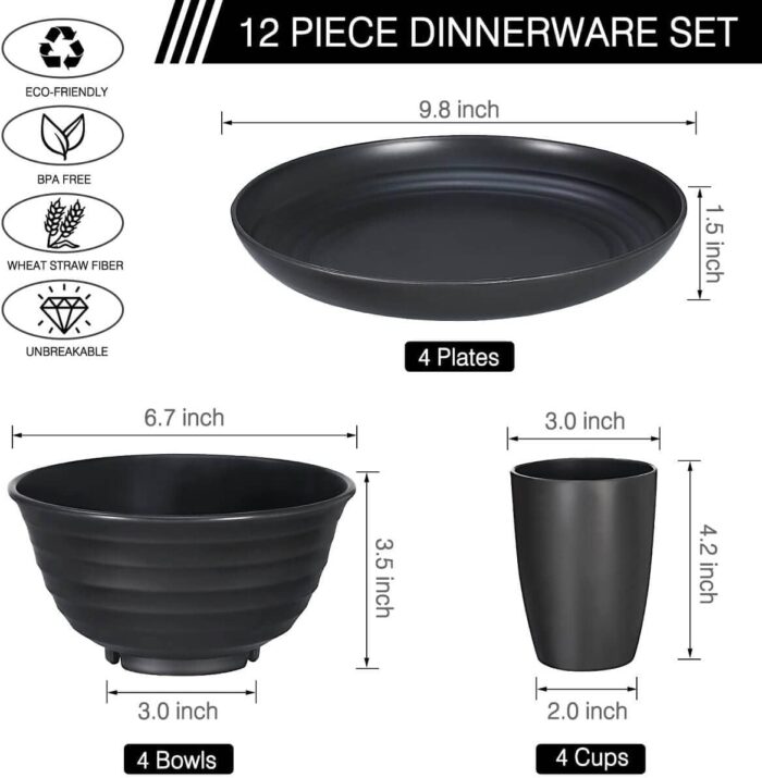 12pcs Plastic Wheat Straw Dinnerware Sets, Wheat Straw Plates and Bowls Sets for 4 College Dorm Room Essentials Microwave Dishwasher Safe (Black) - Image 2