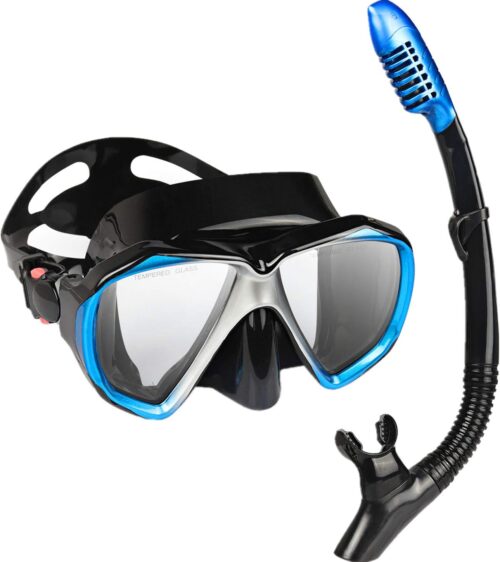 Adult Snorkel Set, Professional Snorkeling Gear Panoramic Anti-Fog Diving Goggles and Dry Snorkel Tempered Glass Scuba Mask for Diving, Snorkeling and Swimming
