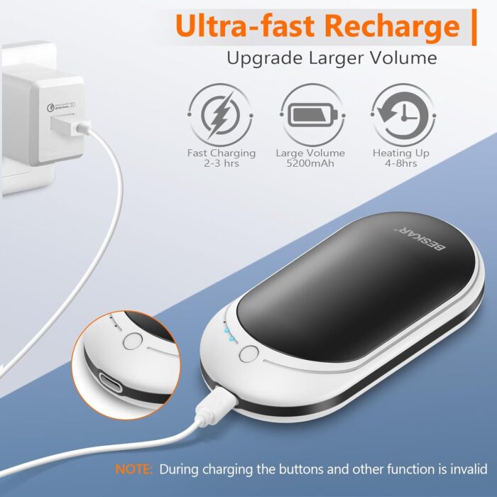 BESKAR Rechargeable Hand Warmer, 5200mAh Electric Hand Heater, Double-Sided Heating, USB Quick Charge, Portable Pocket Hand Warmer for Outdoor, Golf, Raynauds - Winter Gift - Image 5