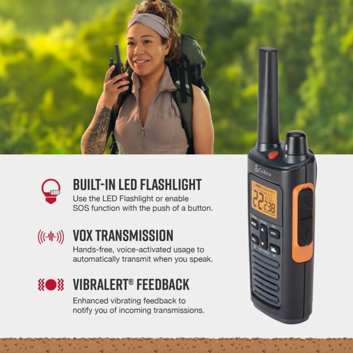 Cobra RX680 Waterproof Walkie Talkies - Rechargeable, 60 Preset Channels, Long Range 38-Mile Two-Way Radio Set (2-Pack),Black and Orange - Image 4