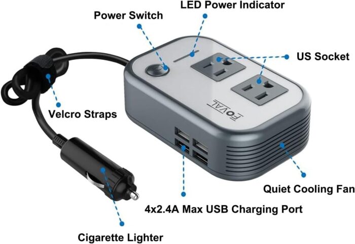 200W Car Power Inverter, FOVAL 12V DC to 110V AC Car Inverte with 4 USB Ports Car Outlet Adapter, Power Inverter for Vehicles, Car Plug Adapter Outlet for Laptop Computer Charger - Image 2