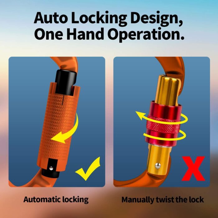 FVW Auto Locking Rock Climbing Carabiner Clips, UIAA Certified Professional 25KN (5620 lbs) Heavy Duty Caribeaners for Rappelling Swing Rescue & Gym etc,Large Carabiners,D-Shaped - Image 3